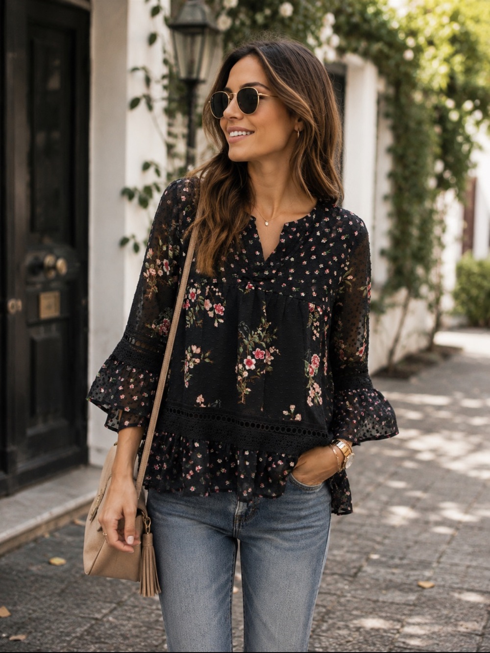 Anthropologie Maeve Black Floral Ruffle Boho Blouse XS Romantic